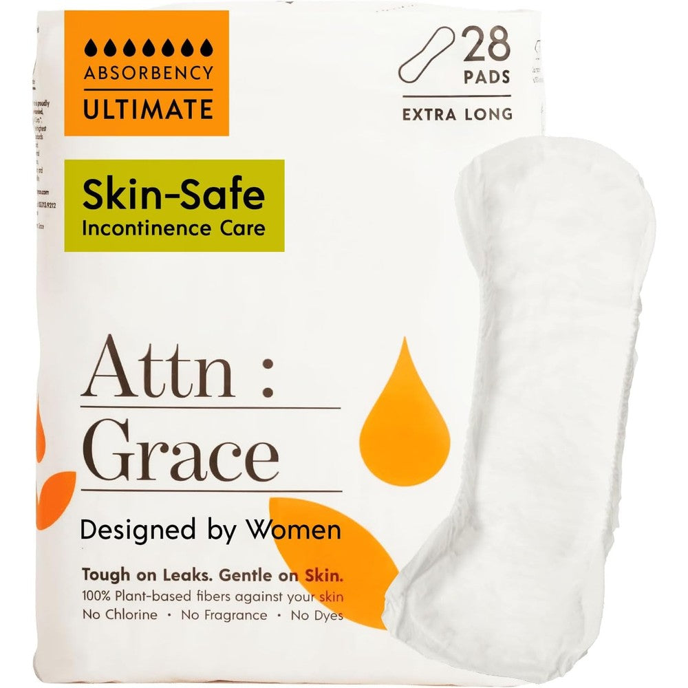 Attn: Grace Ultimate Incontinence Pads 28-pack front packaging view showcasing plant-based protection