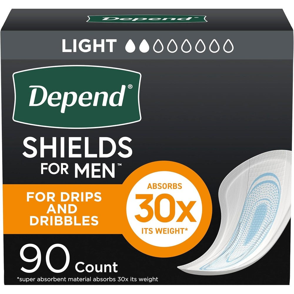 Depend Shields Incontinence Pads for Men light absorbency 90 count box front view