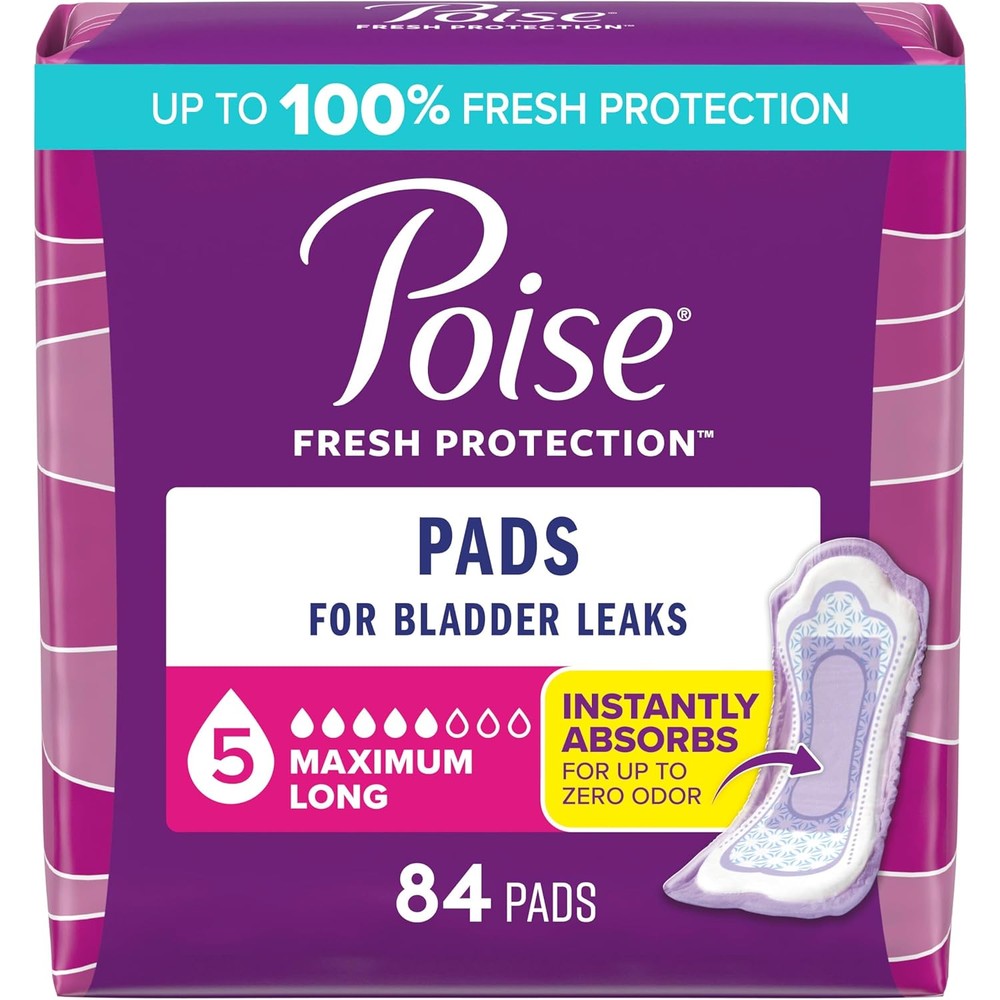 Poise maximum absorbency long incontinence pads front packaging view