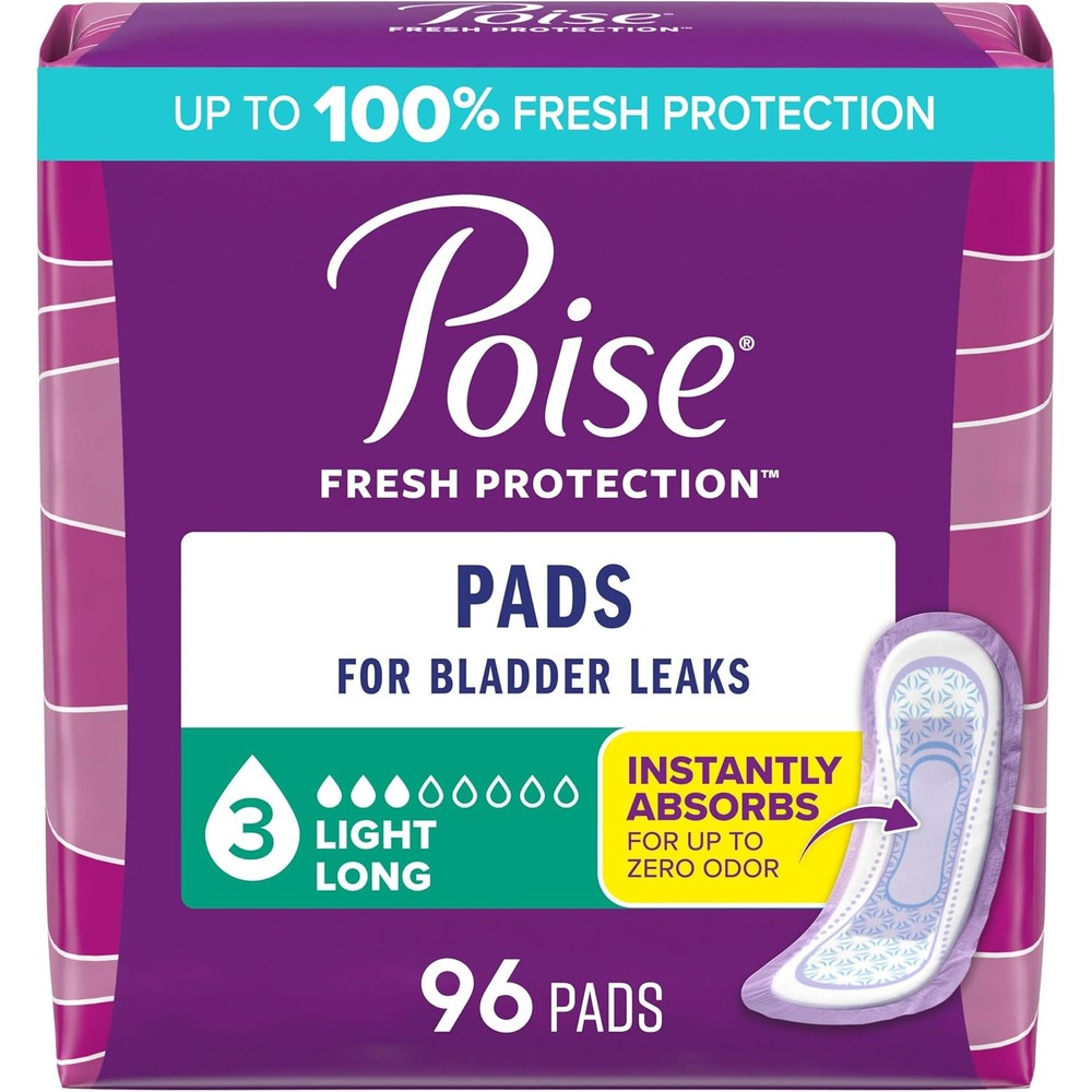 Poise Incontinence Pads front view packaging for light bladder leak protection.