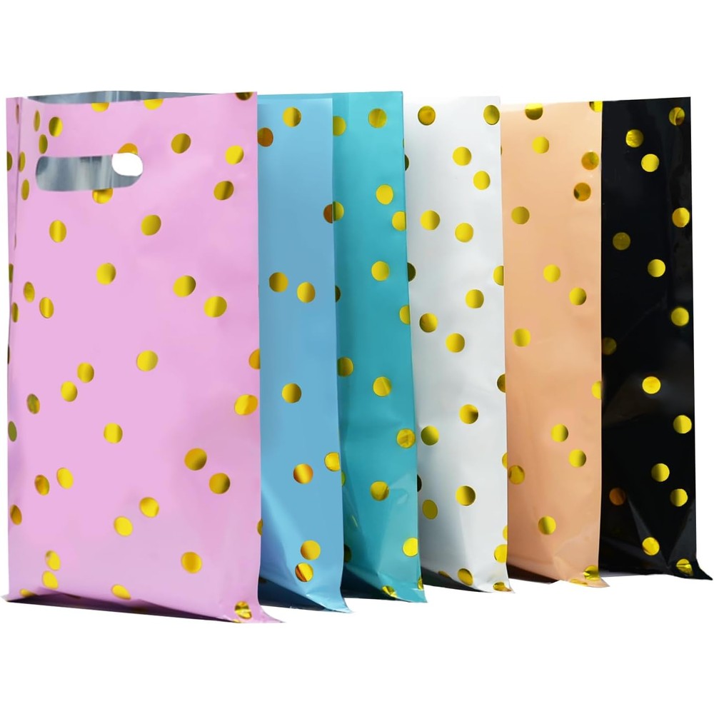 Kopokita party favor goodie bags front view showing six vibrant colors with metallic gold dots.