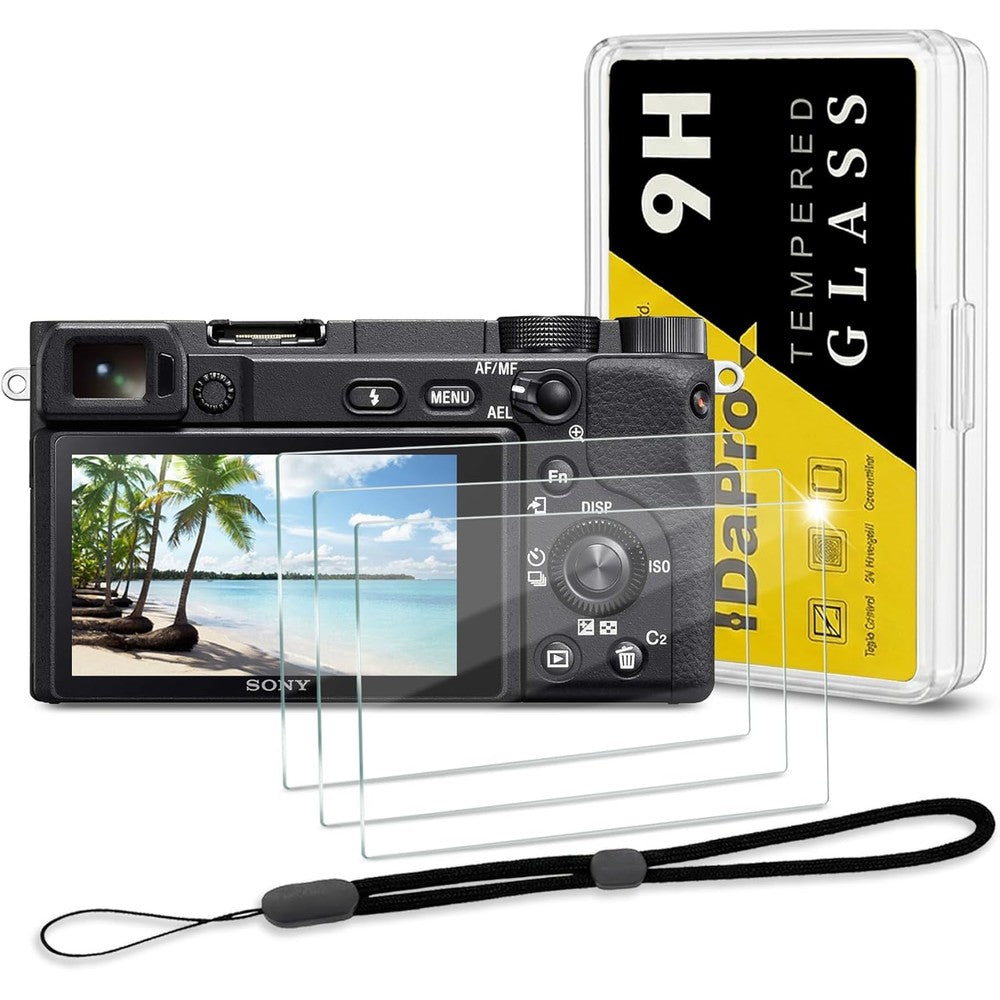 iDaPro camera screen protector pack front view showcasing three tempered glass shields and adjustable hand lanyard