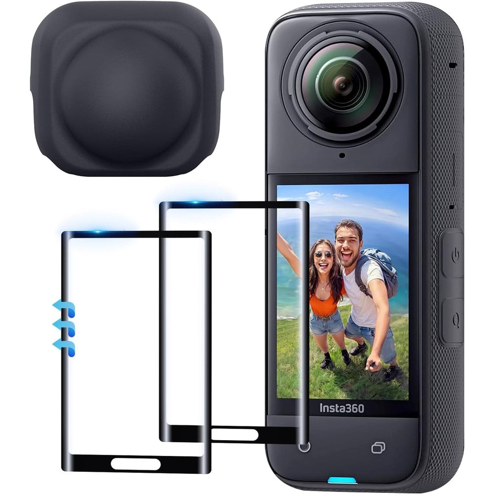 TQLGY action camera protection kit front view showcasing two tempered glass screen films and one black silicone lens cap