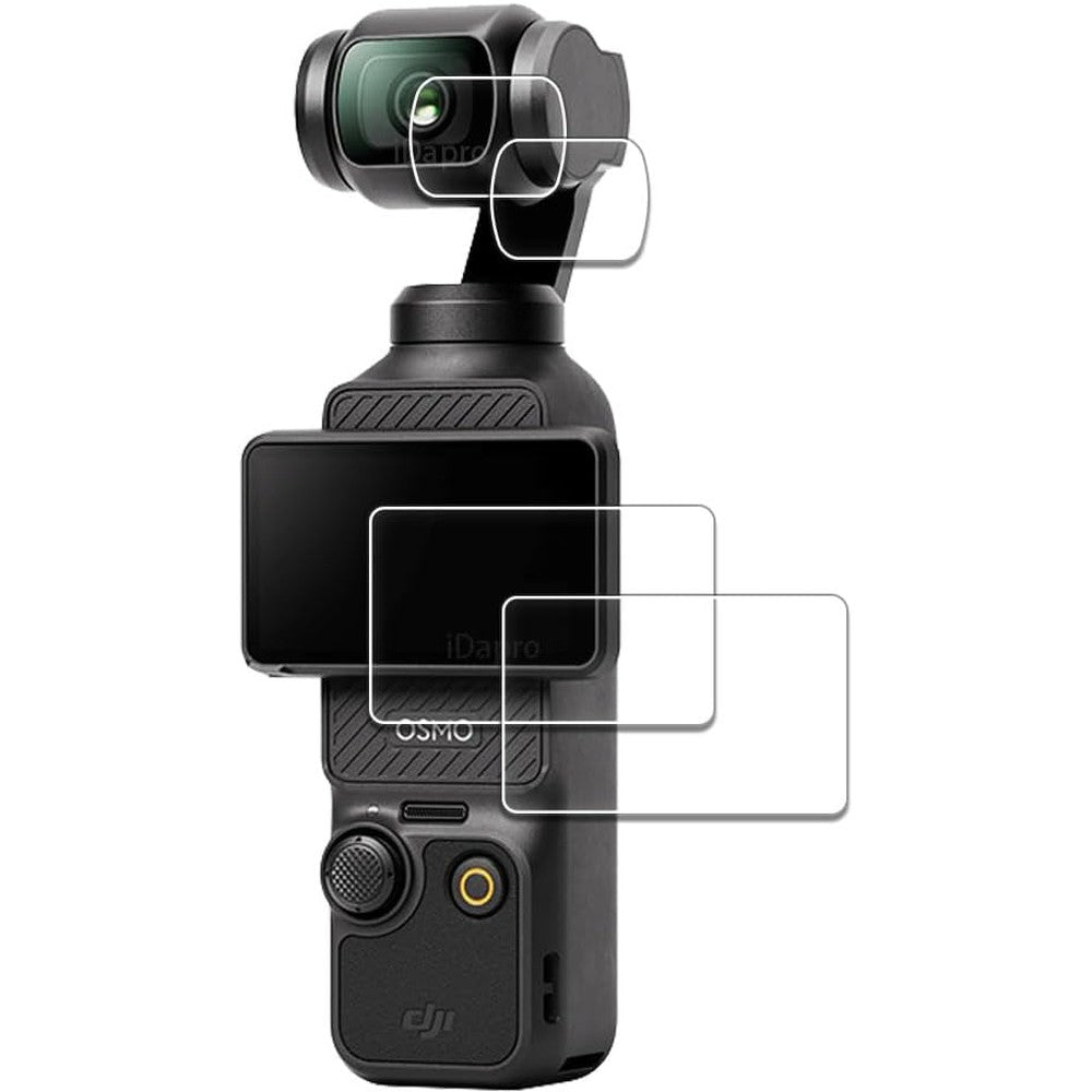 iDaPro DJI Osmo Pocket 3 screen and lens protector kit front view showcasing the tempered glass film pieces.