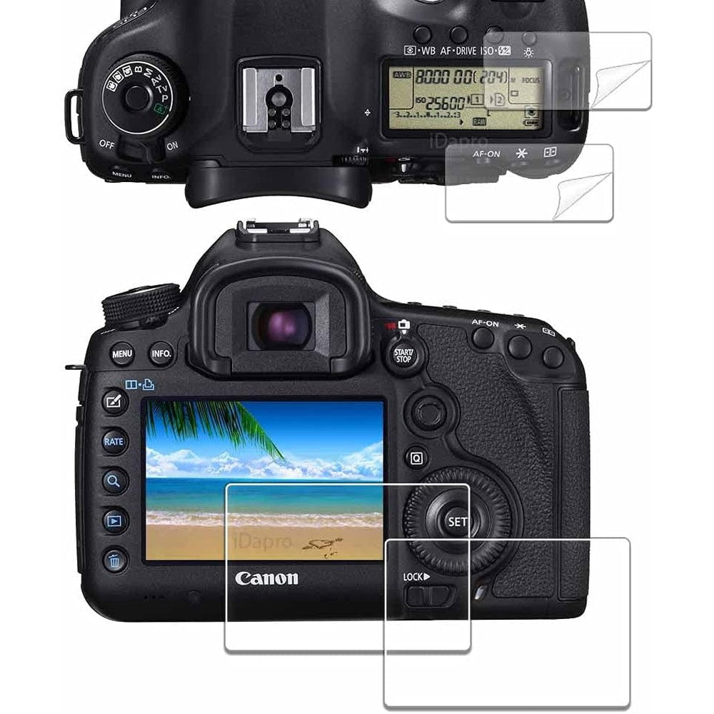 iDaPro screen protector for Canon EOS 5D Mark IV packaging box with contents displayed.