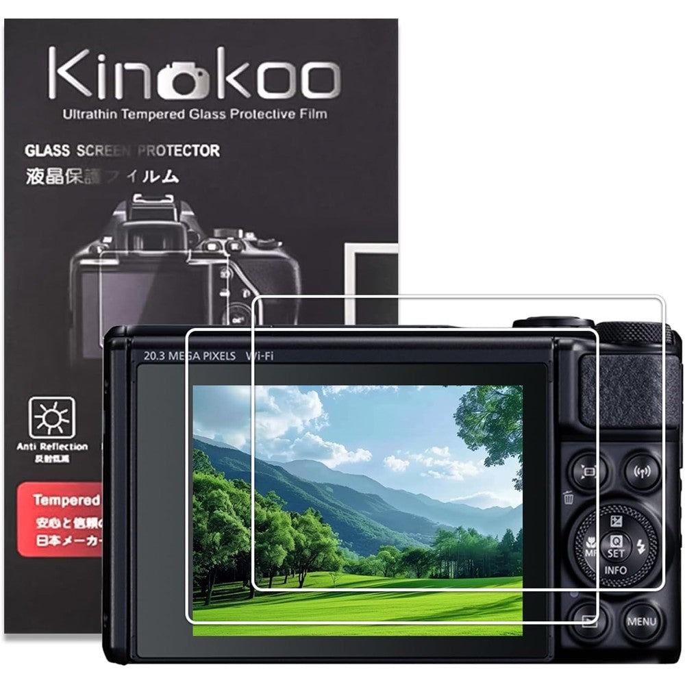 Kinokoo screen protector for Canon SX740 HS front view showing tempered glass film package contents.