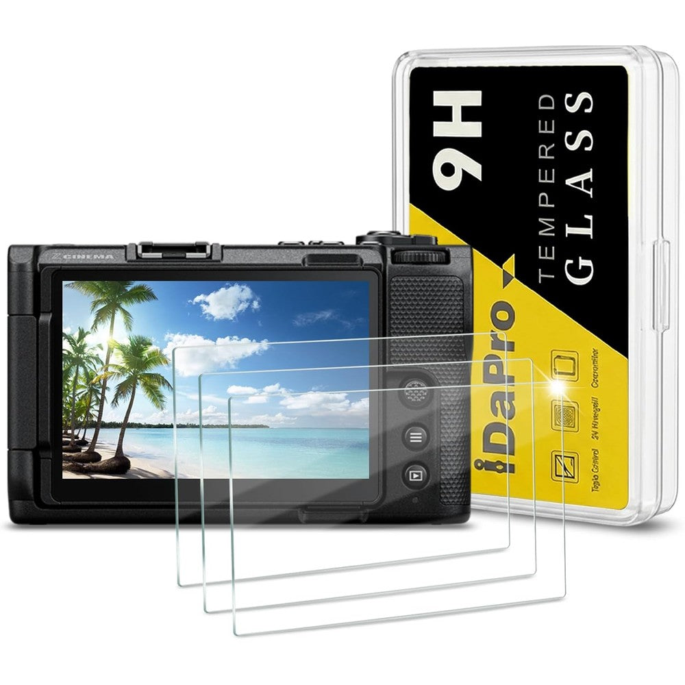 ULBTER Nikon ZR tempered glass screen protector three pack package front view.