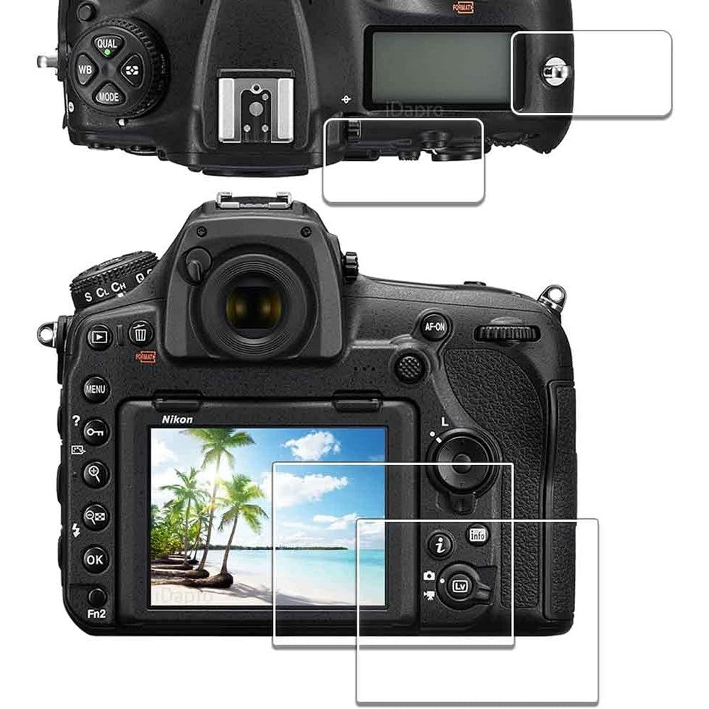 iDaPro screen protector for Nikon D850 front view showing tempered glass sheets next to camera screen.