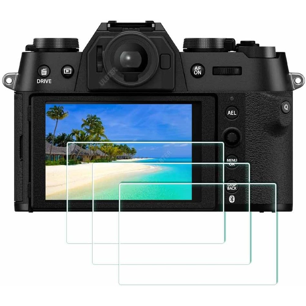 ULBTER Fujifilm X-T50 tempered glass screen protector packaging front view showing camera protection kit accessories.