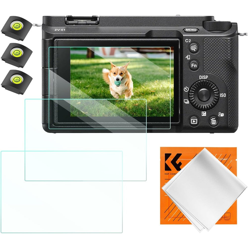 K&F Concept Tempered Glass Camera Screen Protector pack front view showing premium packaging and glass covers.