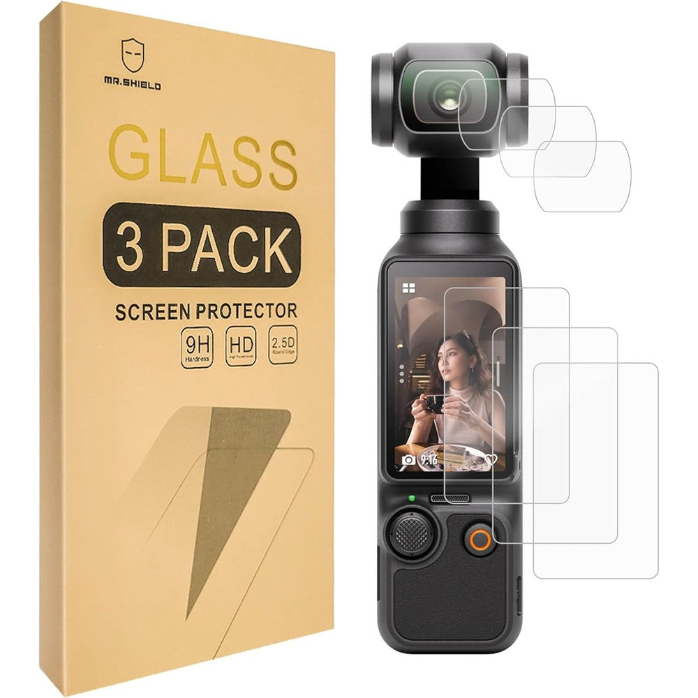 Mr.Shield screen protector for DJI Osmo Pocket 3 front view showing camera lens and LCD display coverage.