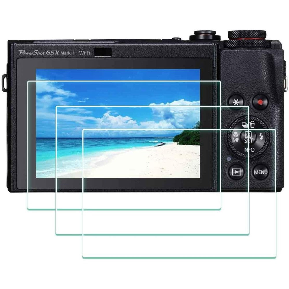 PCTC Canon G7 X Mark II tempered glass screen protector packaging front view showing the three pack kit contents.