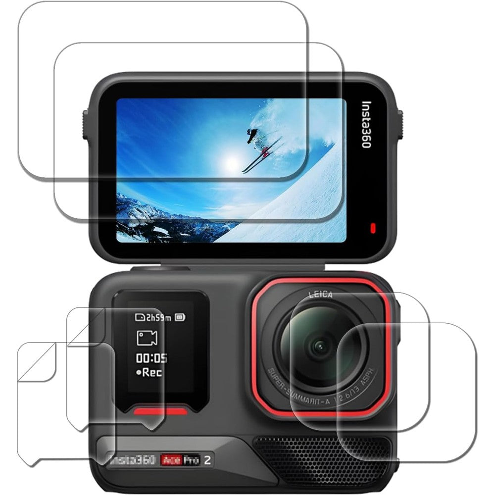 iDaPro protection kit for Insta360 Ace Pro 2 action camera front view showcasing six pieces of screen and lens guards.