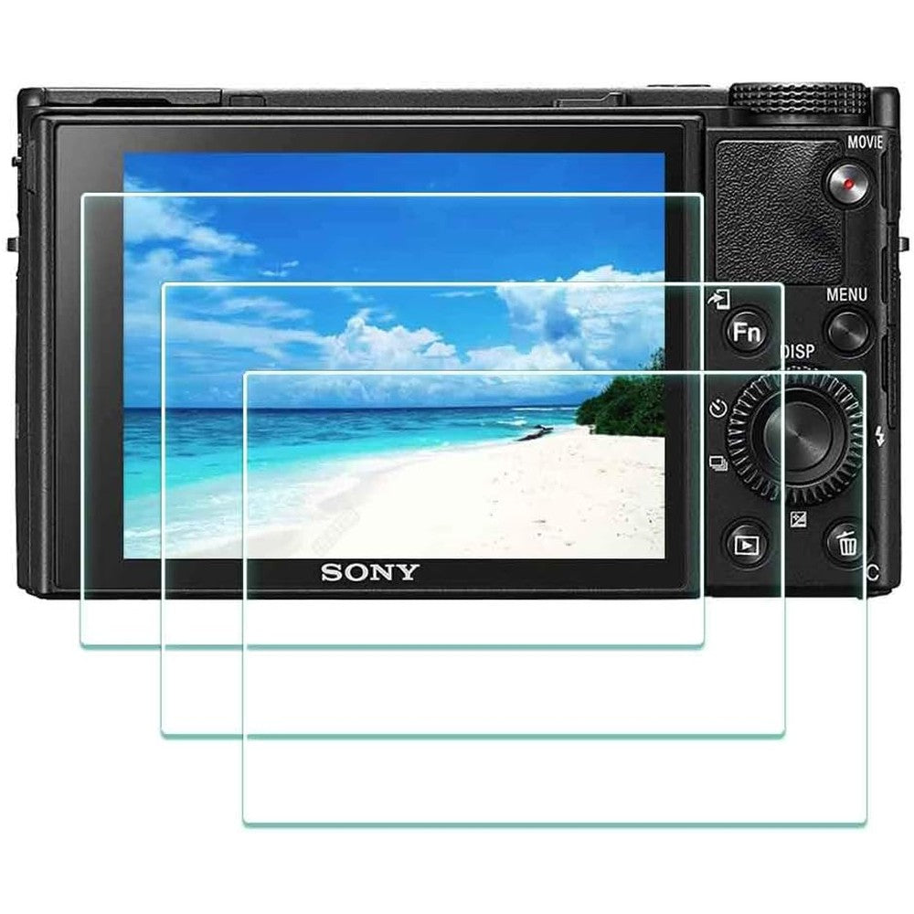 ULBTER camera screen protector front view showcasing the three pack tempered glass sheets next to a premium digital camera packaging box