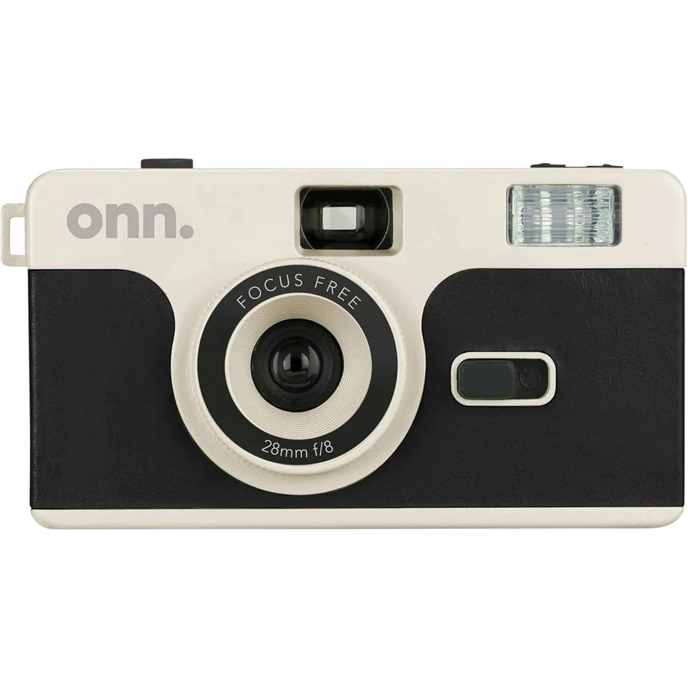 Onn Reusable 35mm Film Camera Black front view showing fixed focus lens