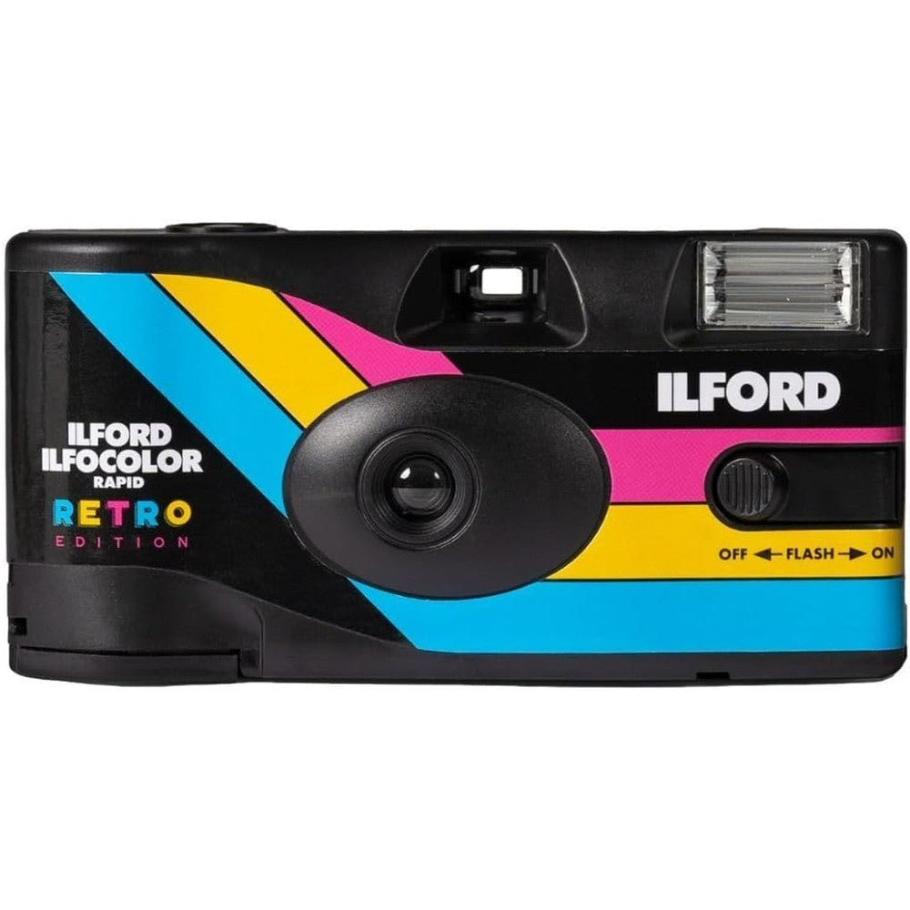 Ilford Ilfocolor Rapid Retro single use film camera front view with retro striped design