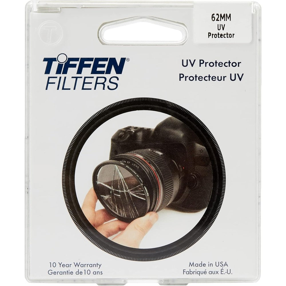 Tiffen 62mm UV protection filter front view showing clear optical glass.