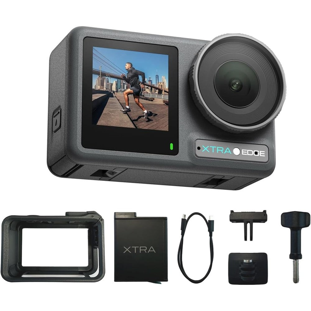 Xtra Edge 4K Action Camera front view showcasing the prominent circular lens and rugged gray body