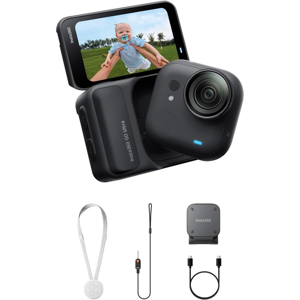 Insta360 GO Ultra 4K vlogging camera front view showing the lens and midnight black body
