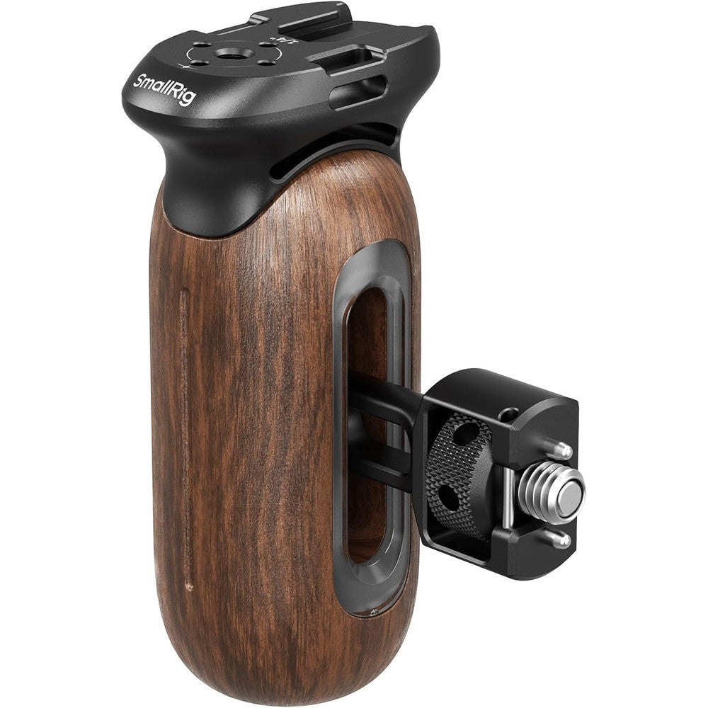 SmallRig wooden side handle front view highlighting dark walnut finish and black aluminum camera cage mount.