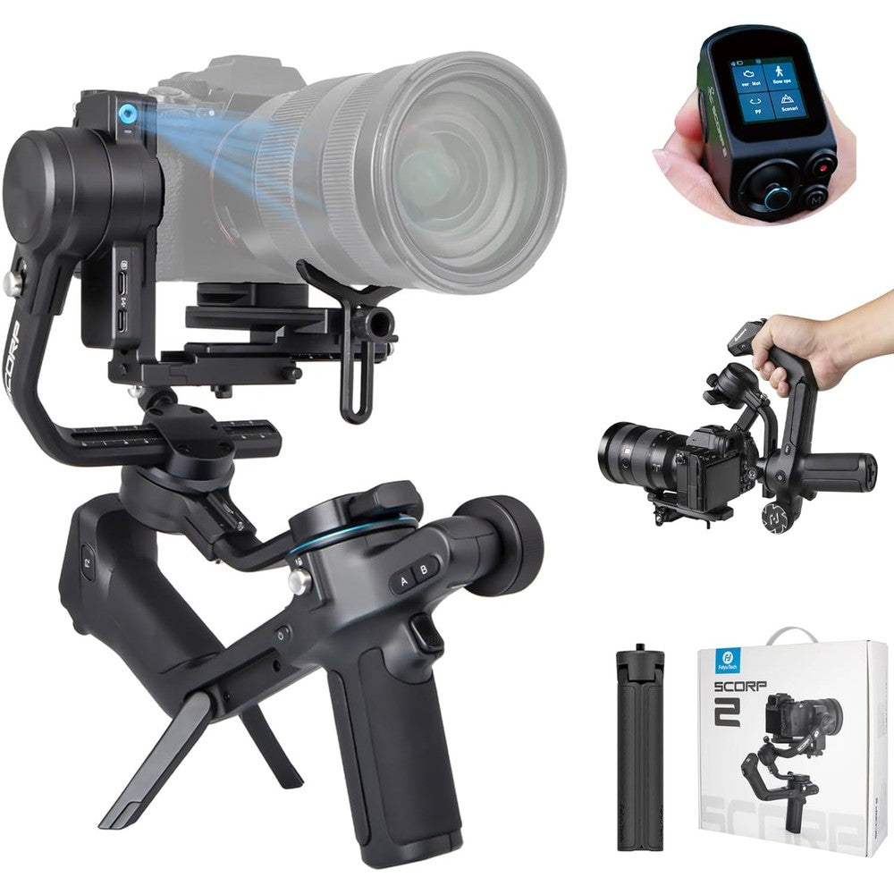 FeiyuTech Scorp 2 gimbal stabilizer front view with camera mounted
