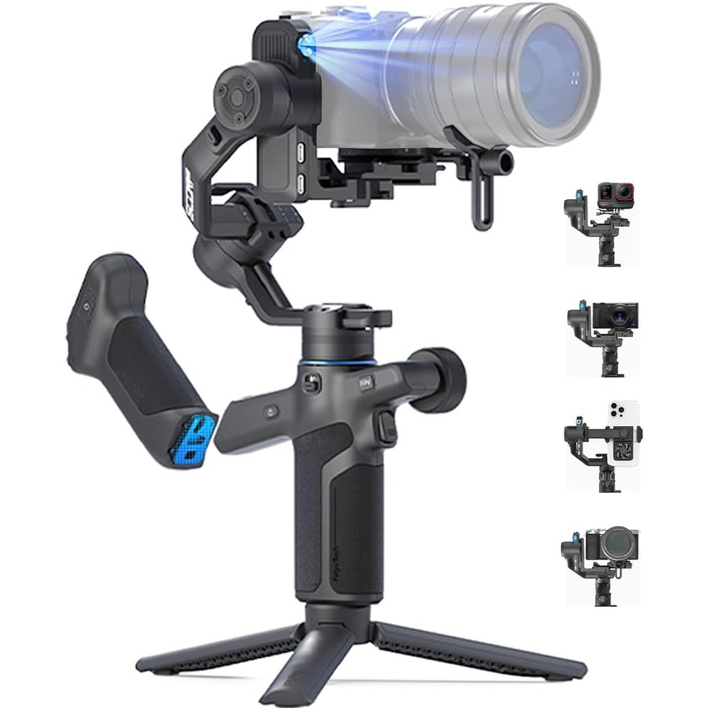 FeiyuTech SCORP Mini 3 Pro camera gimbal front view showing the three axis stabilization arms and touch screen display.