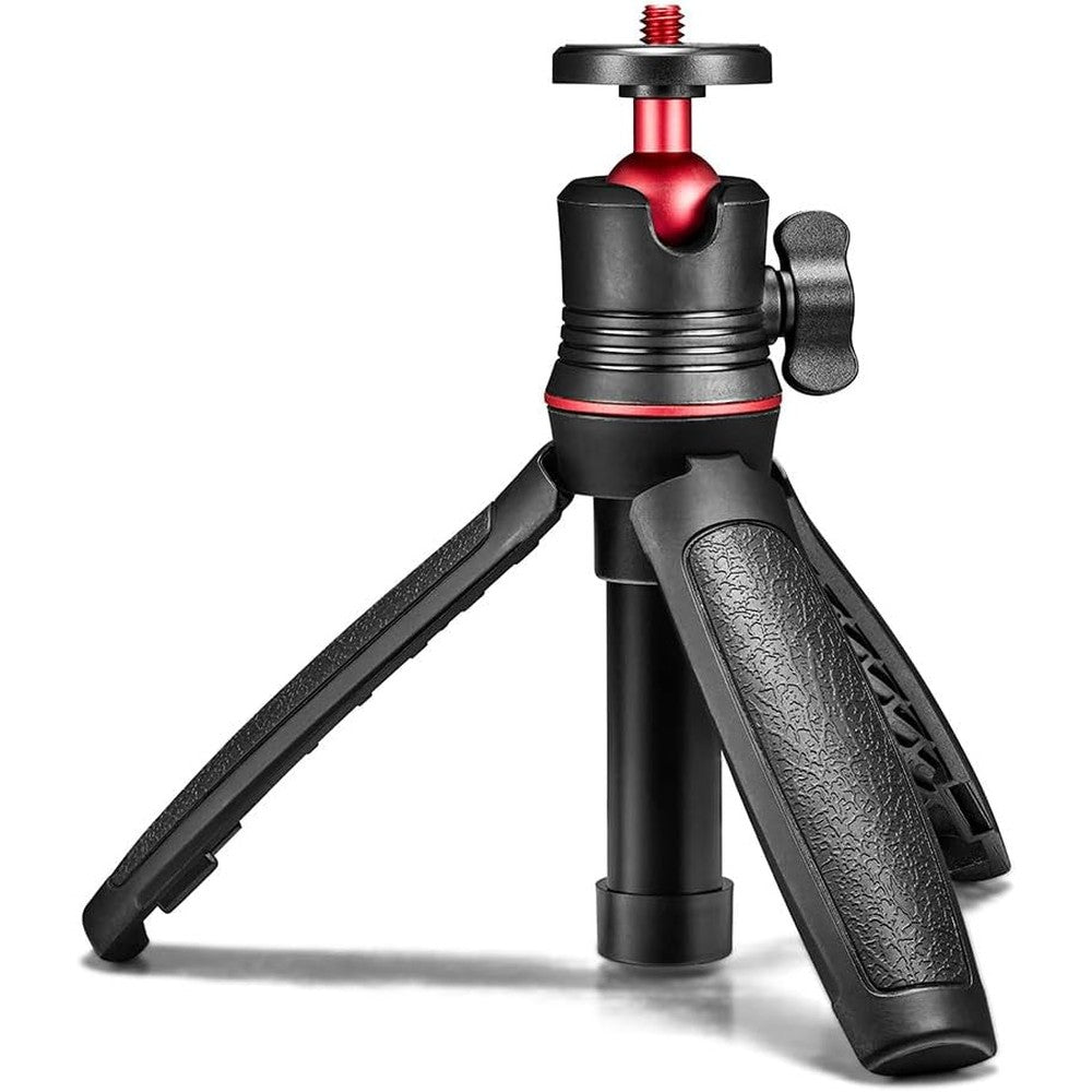 Reflex Camera desktop mini tripod front view setup for tabletop vlogging