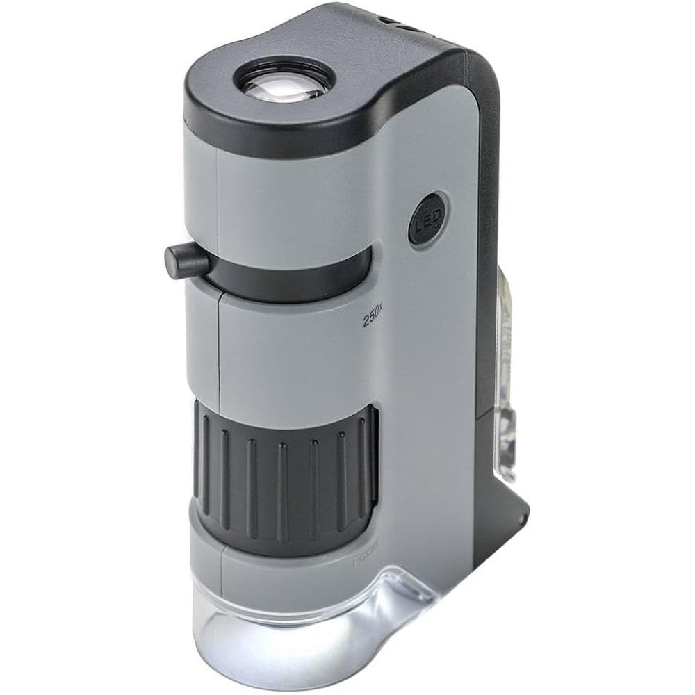Carson MicroFlip 100x-250x pocket microscope front view showing zoom controls