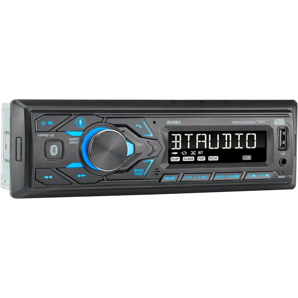 Jensen MPR210 single DIN car stereo front view with LCD display