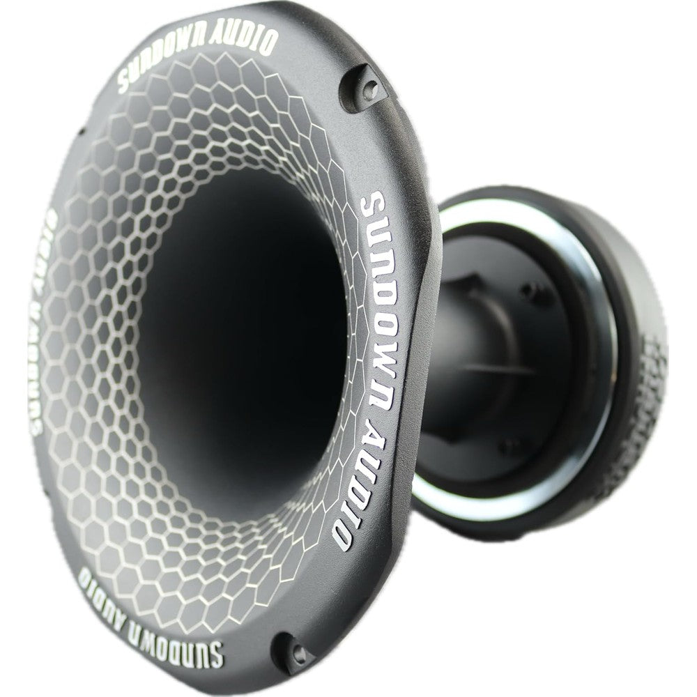 Sundown Audio SHFTL 2 inch throat super horn driver front view showing the die cast aluminum horn flare