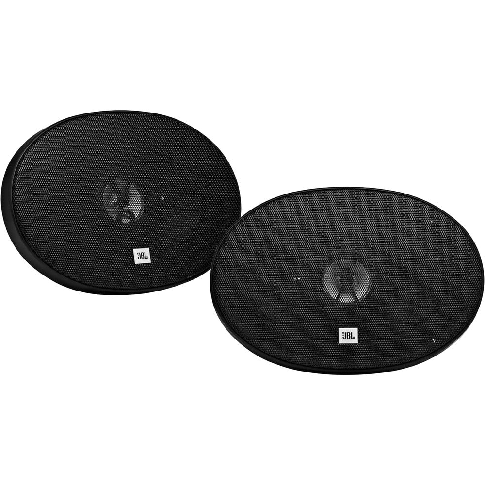 JBL Harman Kardon Stage1 9631 three way oval car speaker set front view highlighting the sleek black grilles.