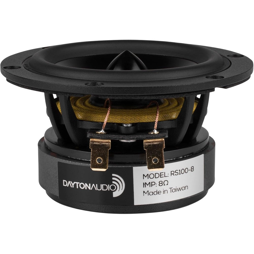 Dayton Audio RS100-8 4 Inch Reference Full-Range Driver front view showing the black anodized aluminum cone and solid aluminum phase plug.