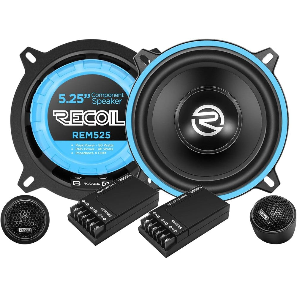 Recoil REM525 Echo Series component speaker system front view showing woofers and crossovers.