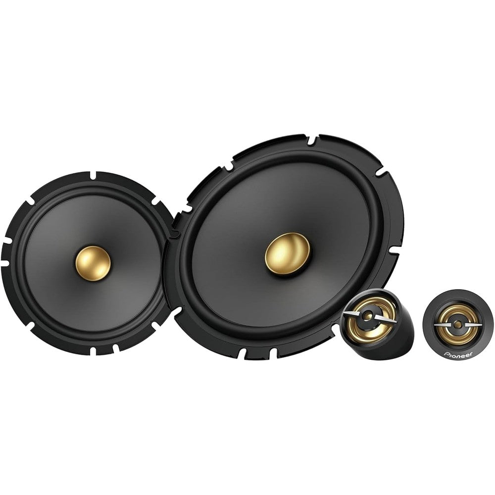 Pioneer TS-A1601C component car speaker system front view showing the carbon reinforced woofer cone and separate tweeter.