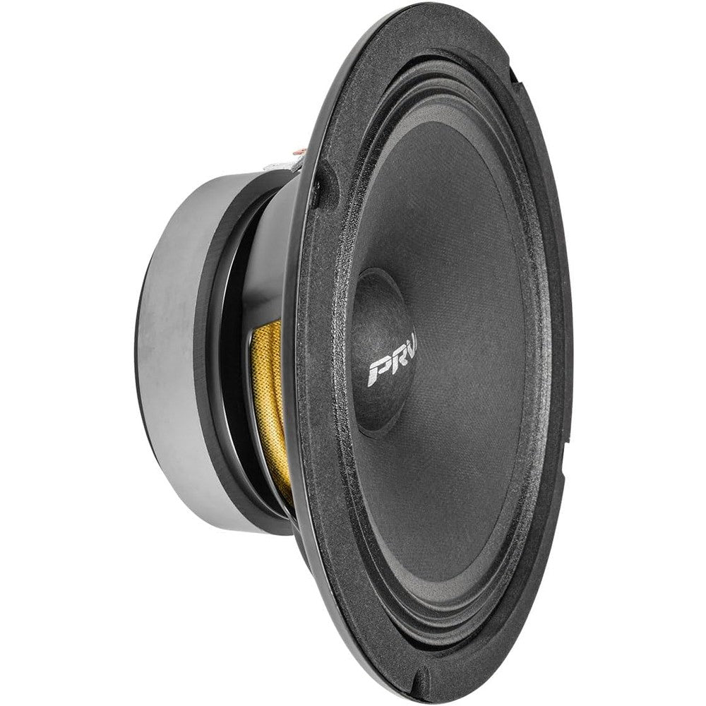 PRV Audio 8MR450A 8-inch midrange speaker front view showing the fiber-pressed paper cone for professional car sound systems.