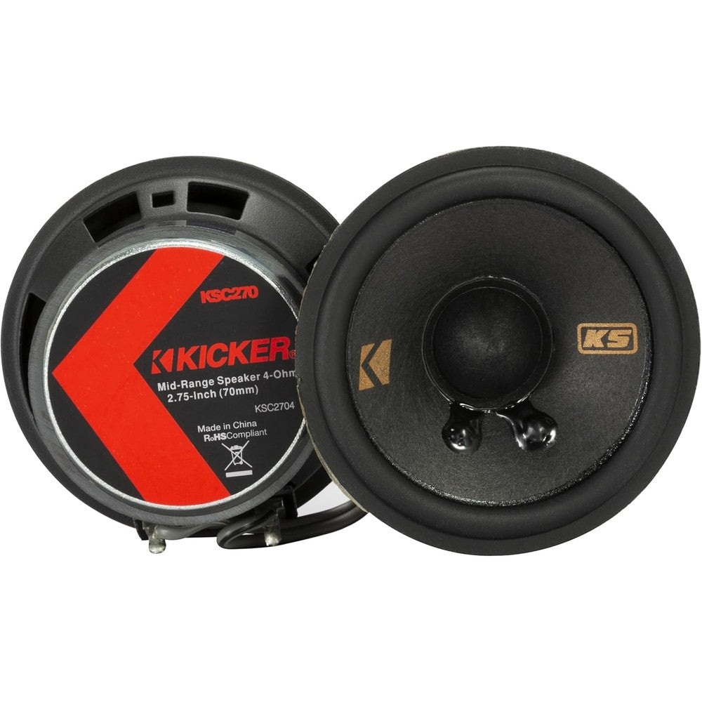 KICKER 51KSC2704 midrange car speakers front view showing the premium black cone design.
