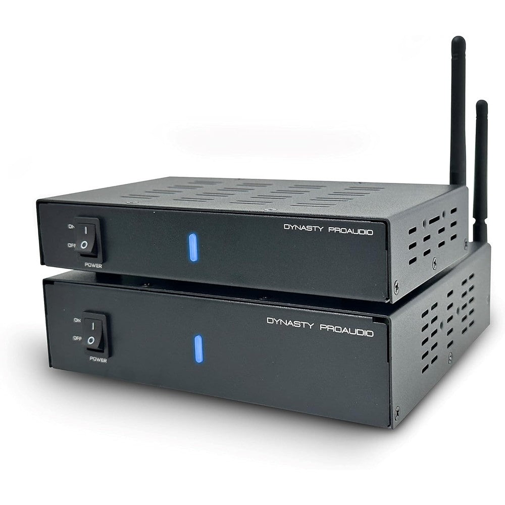 Dynasty PROAUDIO WSA-5RP-PLUS wireless rear speakers kit front view showing transmitter and receiver metal chassis