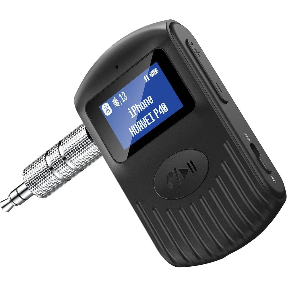 Comsoon Bluetooth receiver with LCD screen front view displaying connection status for car audio
