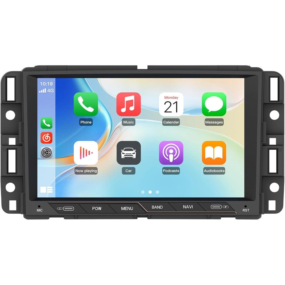 AWESAFE 8 inch touch screen car radio front view displaying Apple CarPlay user interface.