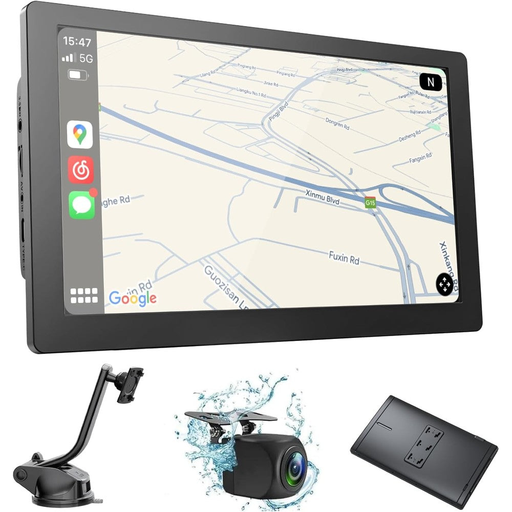 HNSYCHH portable apple carplay screen 9 inch dashboard front view showing main interface icon menu
