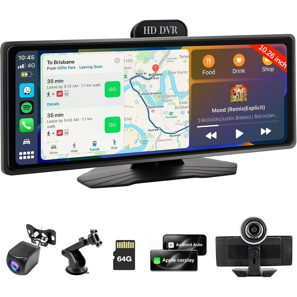 Haudio Wireless CarPlay Screen 10.26 inch portable dashboard monitor front view showcasing smart user interface mapping