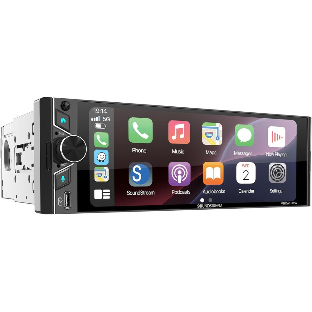 Soundstream VRCA1-72W single DIN car stereo front view showing Apple CarPlay menu.