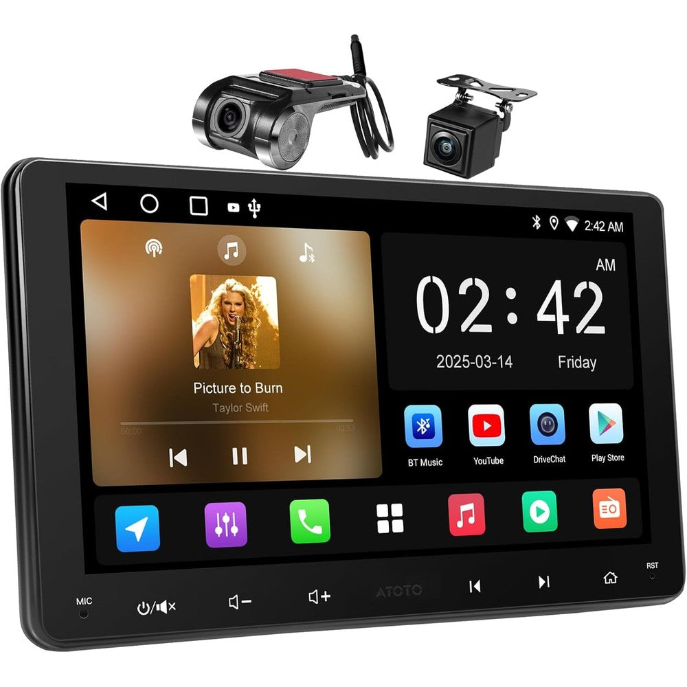 ATOTOZONE 9 inch Android double din car stereo front view displaying user interface touchscreen menu.