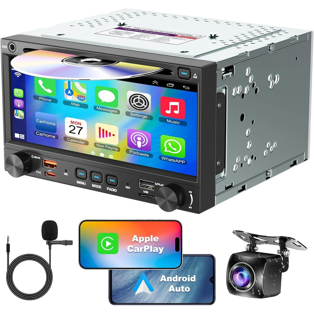 WOWiViD double din car stereo front view showing wireless carplay interface on screen