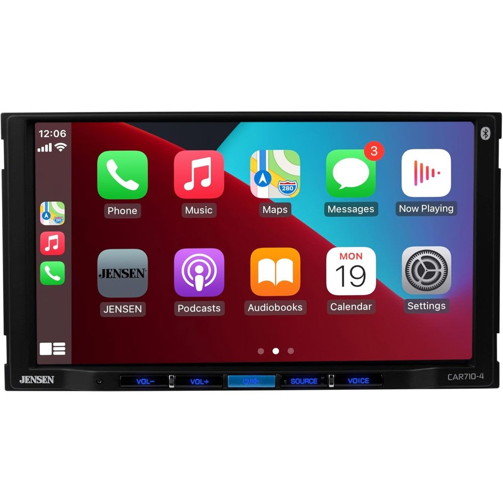 Jensen CAR710-4 touchscreen car stereo front view showing Apple CarPlay interface.