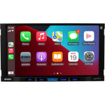 Jensen CAR710-4 touchscreen car stereo front view showing Apple CarPlay interface.