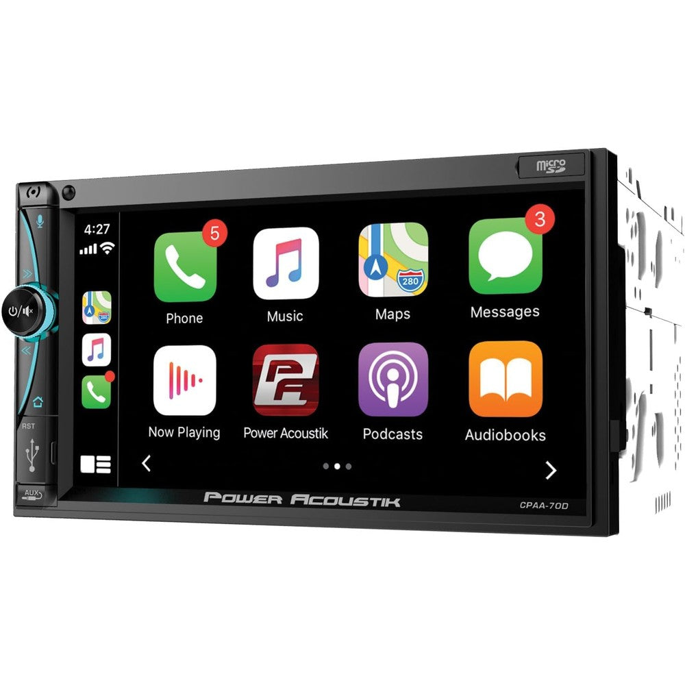 Power Acoustik CPAA-70D double din car stereo displaying the main menu on its touchscreen interface.