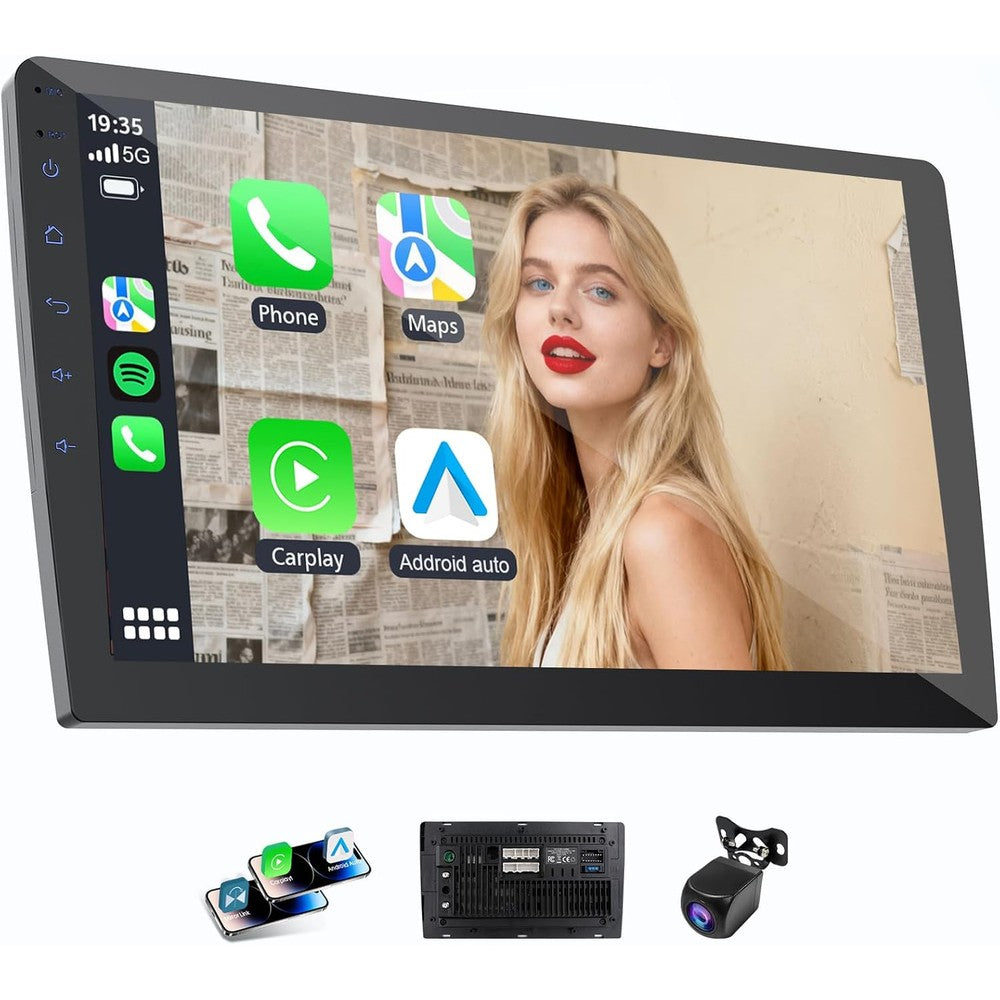 Haudio double din car stereo front view displaying wireless Apple CarPlay navigation screen.