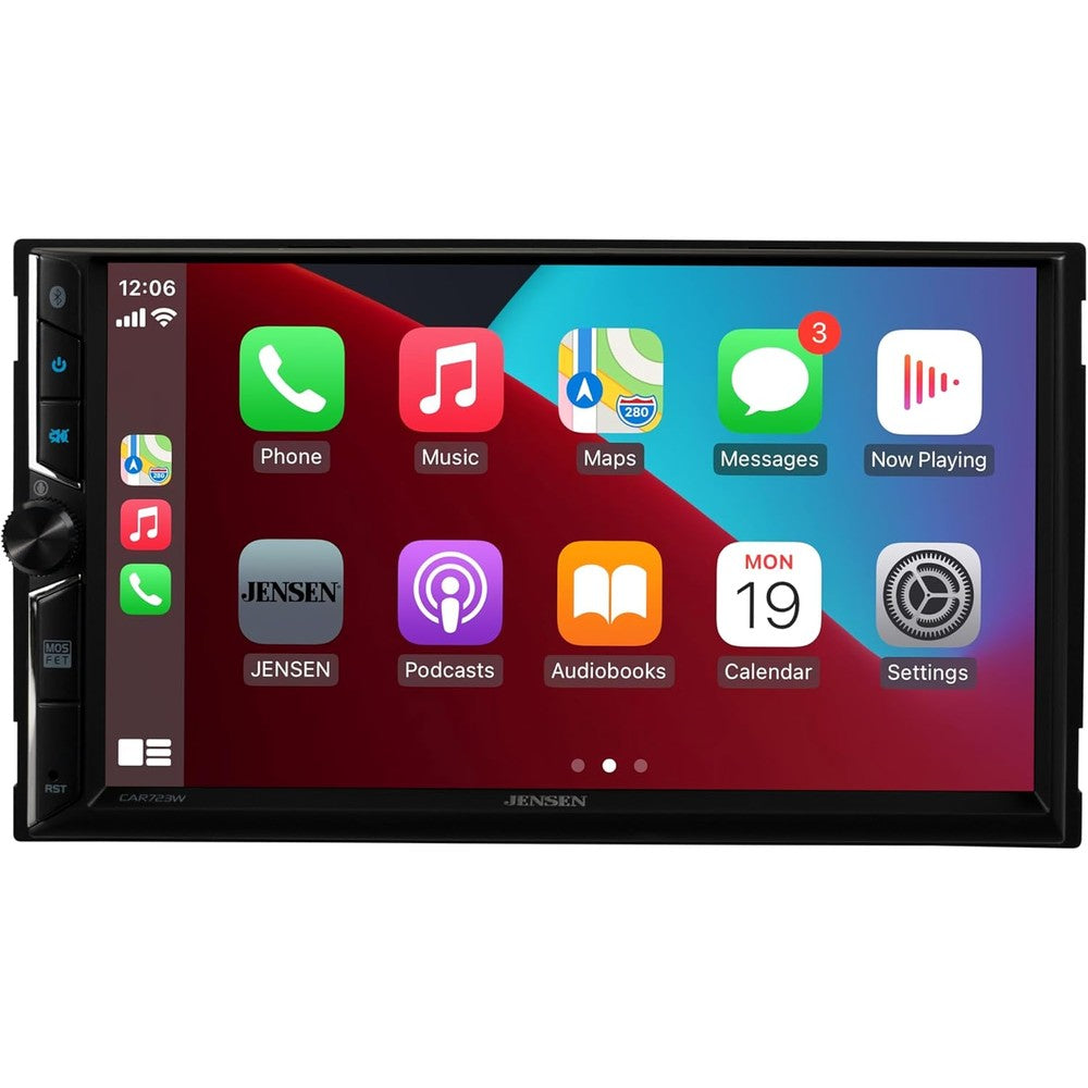 Jensen CAR723W double DIN car stereo front view showing 7 inch touchscreen
