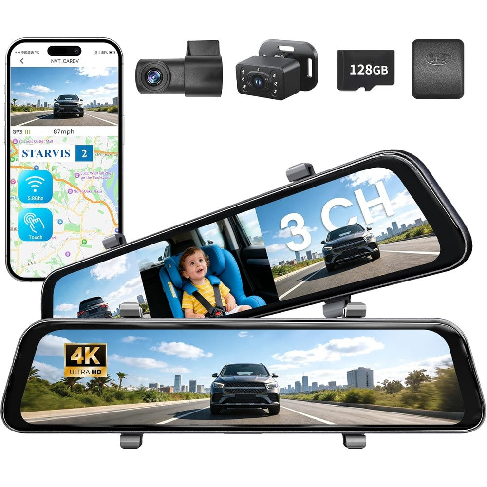 Gloryes 12 inch 4K mirror dash cam mounted in car